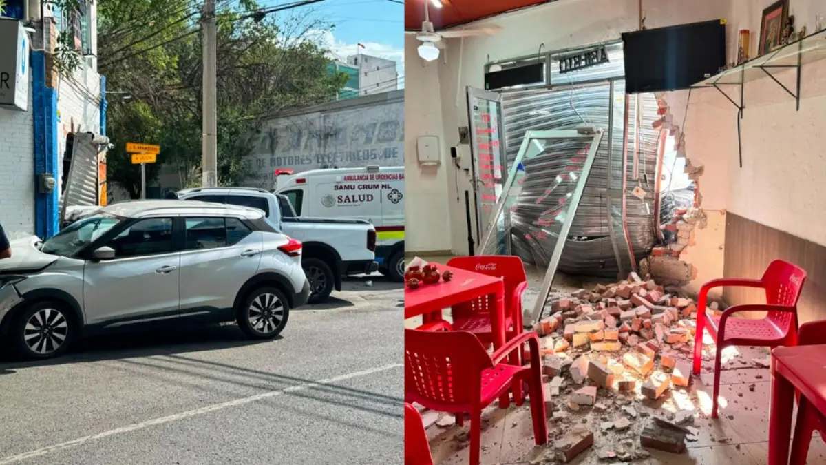Un accidente de tránsito impacta la fachada de un negocio en el centro de Monterrey, pero no se reportan heridos.