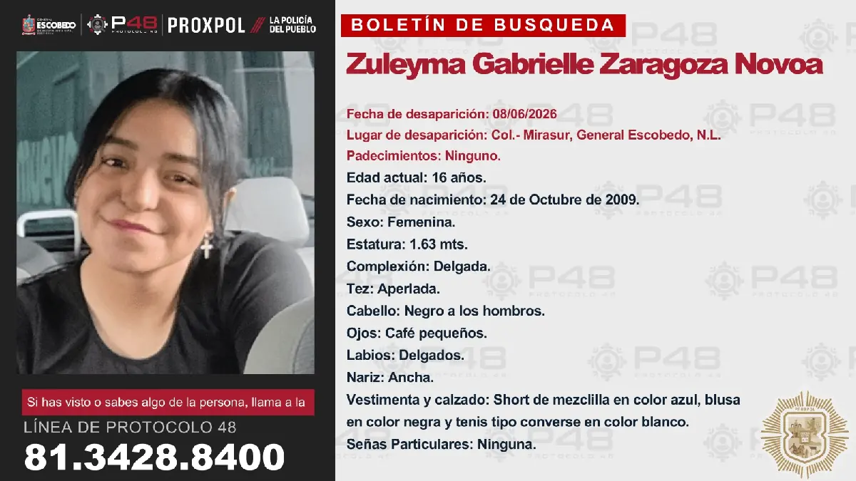 La búsqueda de Zuleyma Gabrielle Zaragoza Novoa continúa con el apoyo de la ciudadanía.