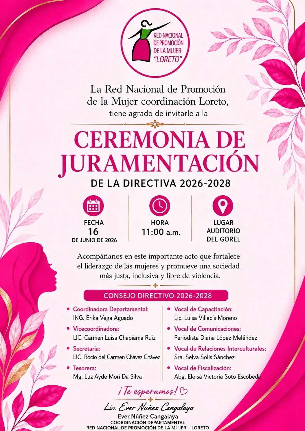 La ceremonia de juramentación se llevará a cabo el 16 de junio en el auditorio del Gobierno Regional de Loreto.