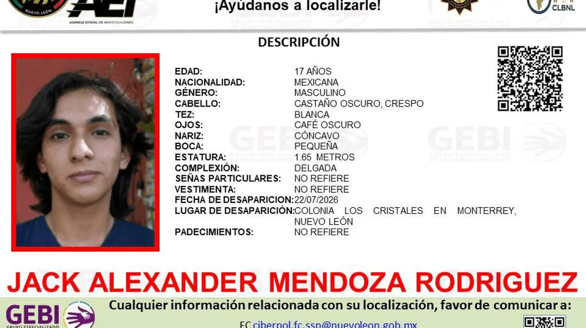 Jack Alexander Mendoza Rodríguez, de 17 años, fue visto por última vez en la colonia Los Cristales.