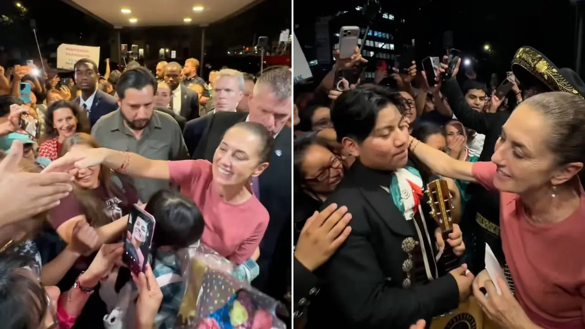 La presidenta de México recibió cálido apoyo de la comunidad mexicana en su llegada a Manhattan para la final del Mundial.