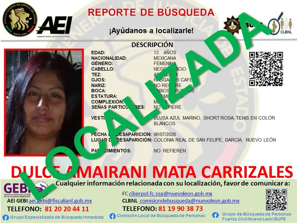 Dulce Mayrani Mata Carrizales fue reportada como desaparecida el 6 de julio y fue hallada el 7, concluyendo el operativo de búsqueda.