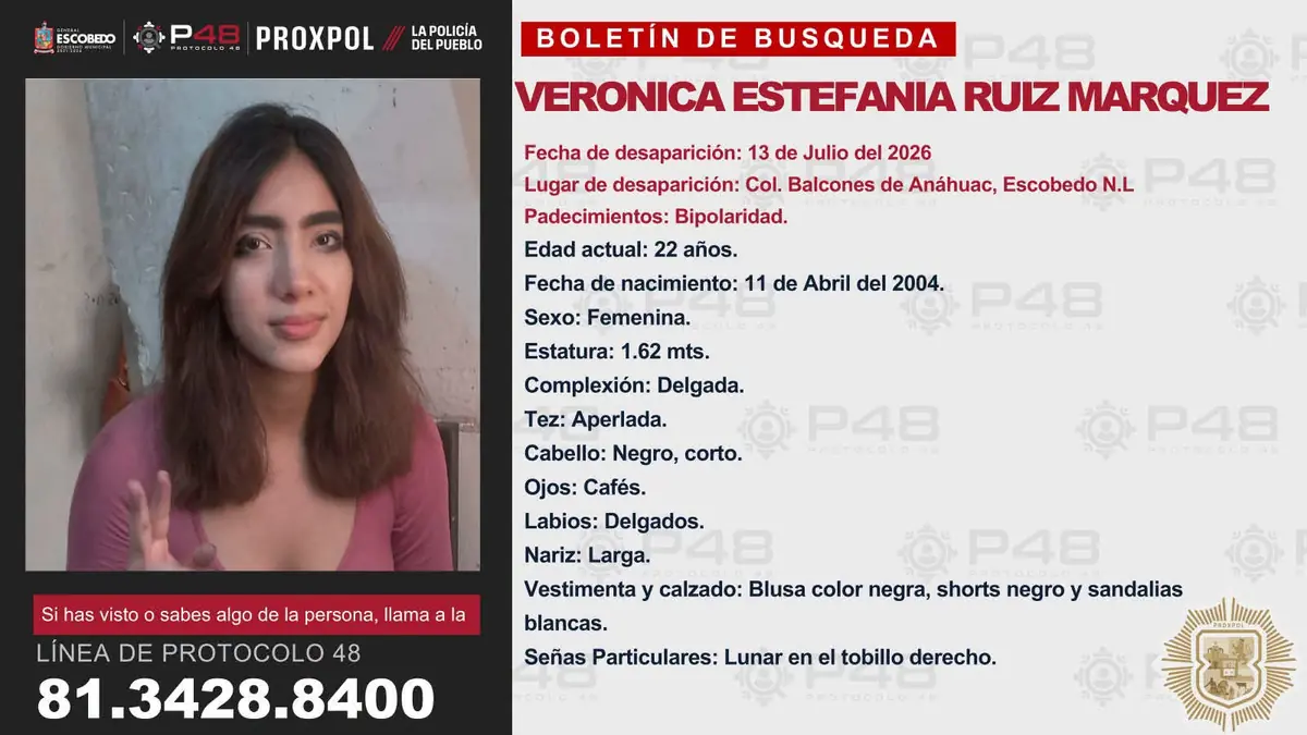 La joven de 22 años es buscada tras ser reportada como desaparecida.
